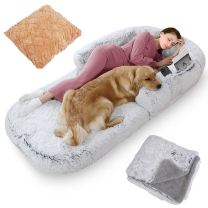 1Pc Large Foldable Human Size Dog Bed With Pillow Blanket Flurry Plush Napping Human