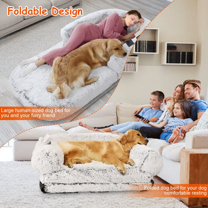 1Pc Large Foldable Human Size Dog Bed With Pillow Blanket Flurry Plush Napping Human