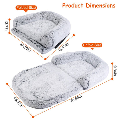 1Pc Large Foldable Human Size Dog Bed With Pillow Blanket Flurry Plush Napping Human