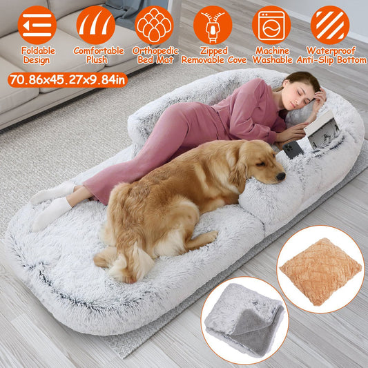 1Pc Large Foldable Human Size Dog Bed With Pillow Blanket Flurry Plush Napping Human